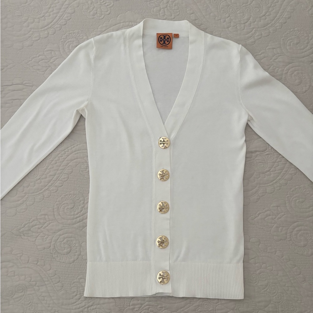 Tory Burch White Cardigan with Gold Accent TB Buttons